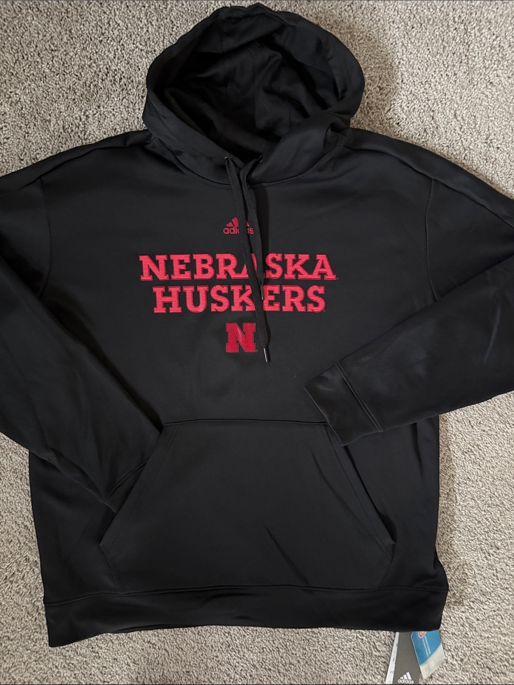 adidas Black Hoodie with Red Nebraska Huskers Text